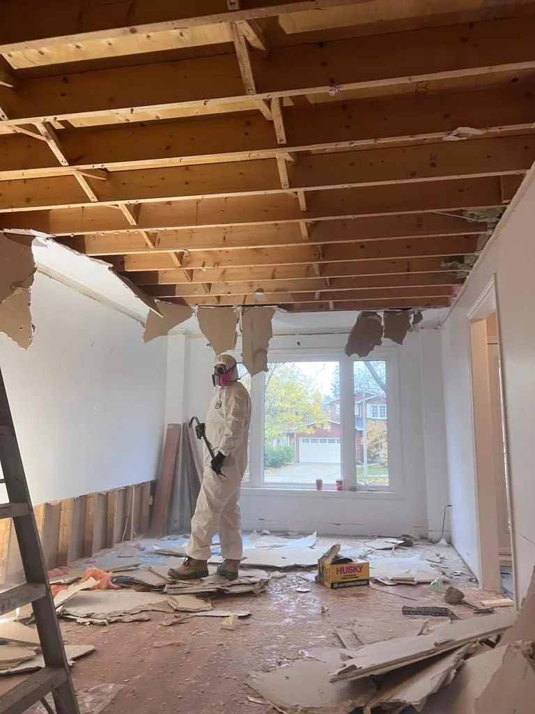 Water-damaged ceiling drywall removed down to the joists